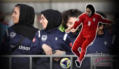 An image of three girls wearing soccer jerseys and headscarves in the background, in the foreground is a woman in all red kicking a soccer ball.