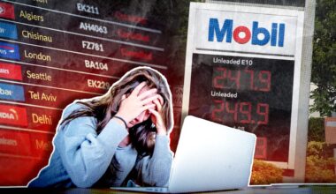 A stressed woman sits at a laptop, framed by a background collage featuring an airport departure board with cancelled flights and a Mobil gas station sign displaying high fuel prices.