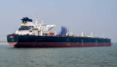 A large oil tanker in the sea.