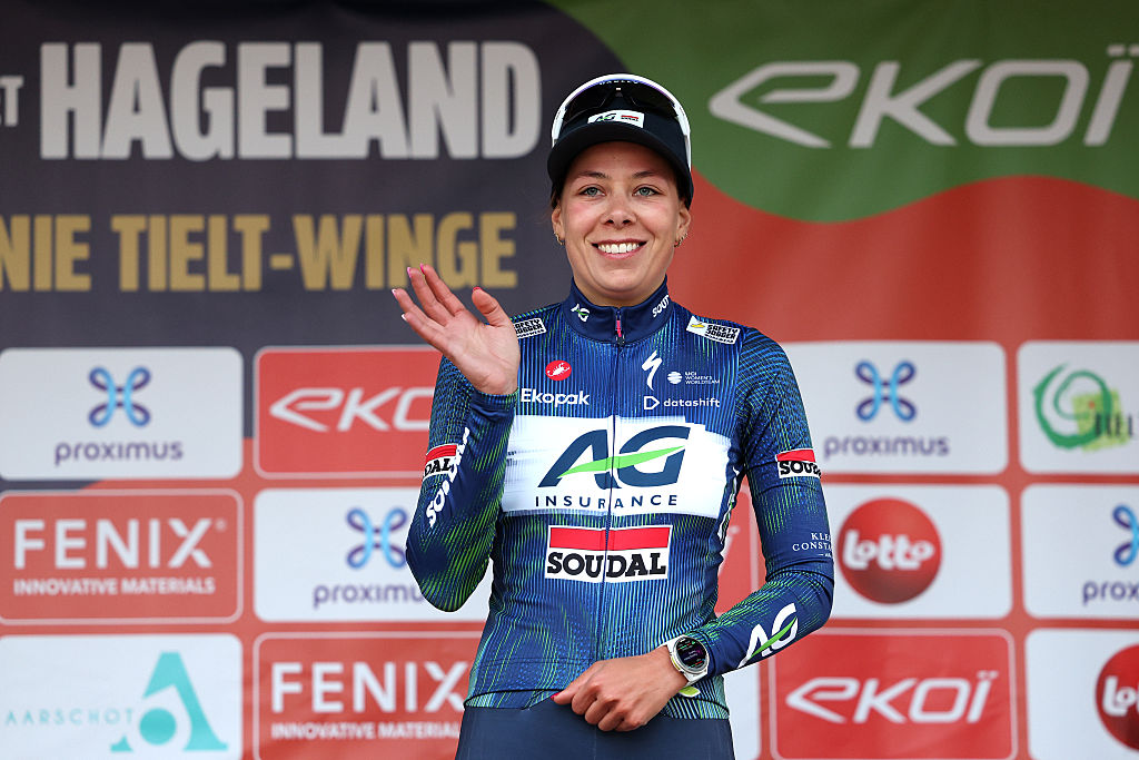 TIELT-WINGE, BELGIUM - MARCH 01: Shari Bossuyt of Belgium and Team AG Insurance - Soudal celebrates at podium as third place winner during the 18th FENIX-EKOI Omloop van het Hageland 2026 a 141.8km one day race from Aarschot to Tielt-Winge on March 01, 2026 in Tielt-Winge, Belgium. (Photo by Rhode Van Elsen/Getty Images)