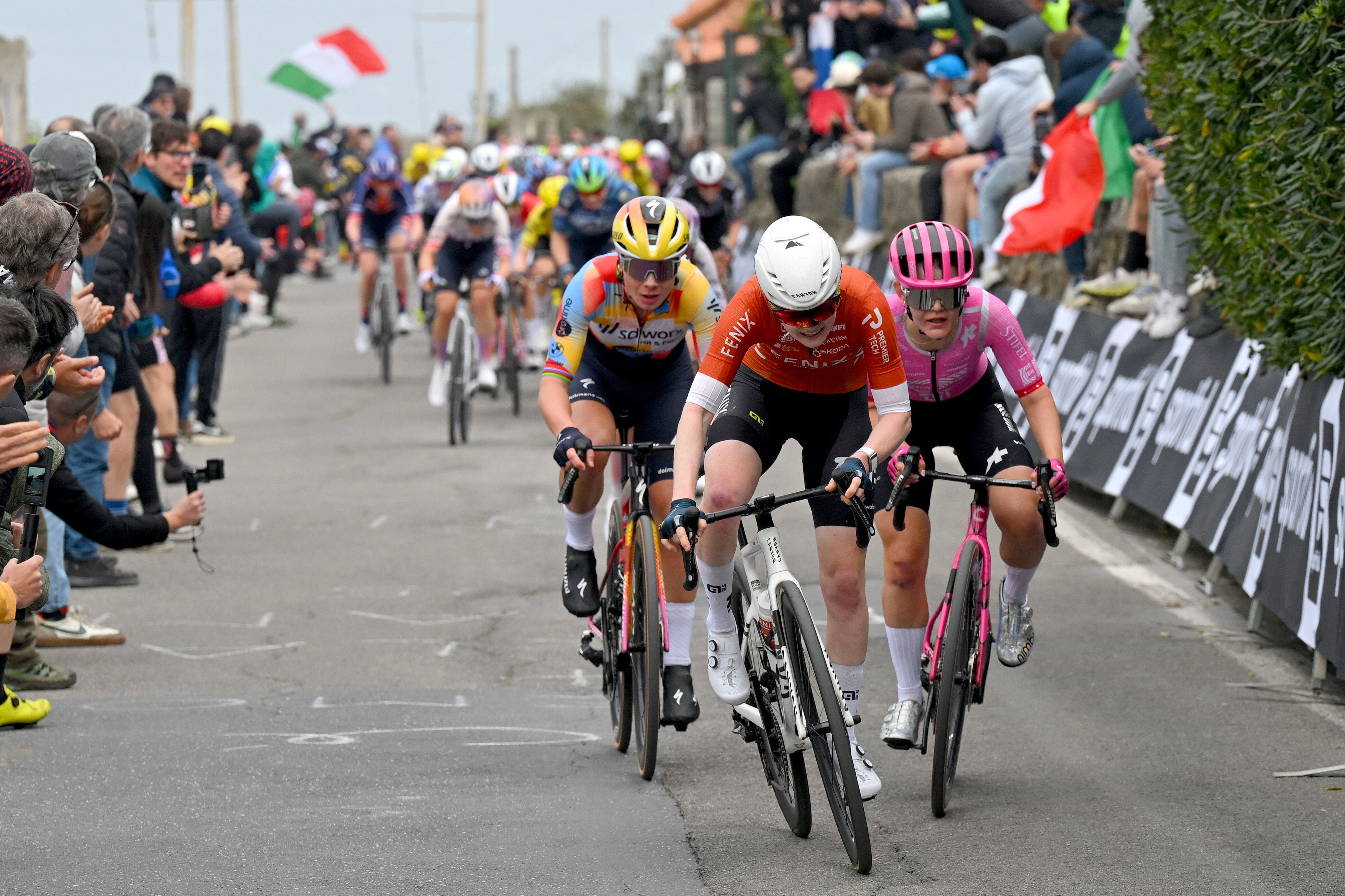Lotte Kopecky of Belgium and Team SD Worx - Protime, Puck Pieterse of Netherlands and Team Fenix-Premier Tech and Noemi Ruegg of Switzerland and Team EF Education-Oatly competes during the 8th Milano-Sanremo Donne 2026, Women's Elite a 156km one day race from Genova to Sanremo / #UCIWWT / on March 21, 2026 in Sanremo, Italy. (Photo by Tim de Waele/Getty Images)
