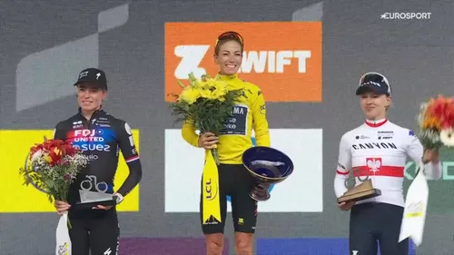 Demi Vollering, Pauline Ferrand-Prévolt and Kasia Niewiadoma at the final Podium of 2025 Le Tour the France Femmes 