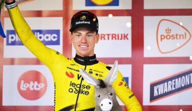 Great Britain's Matthew Brennan of Team Visma-Lease a Bike celebrates on the podium after winning the 78th edition of the men elite race of the Kuurne-Brussels-Kuurne one day cycling race, 195 km from Kuurne to Kuurne via Brussels, Sunday 01 March 2026. BELGA PHOTO DAVID PINTENS (Photo by DAVID PINTENS / BELGA MAG / Belga via AFP)