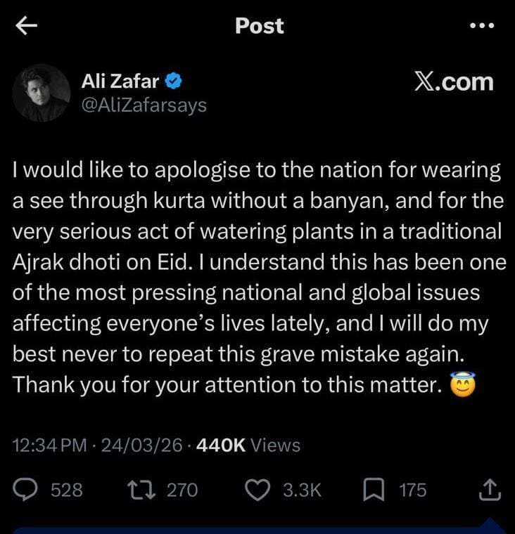 Screenshot of Pakistani singer-actor Ali Zafars X post.
