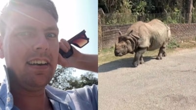 A UK man was stunned as a massive rhino calmly walked past him on a street in Nepal. (Instagram/thedancooperescape)