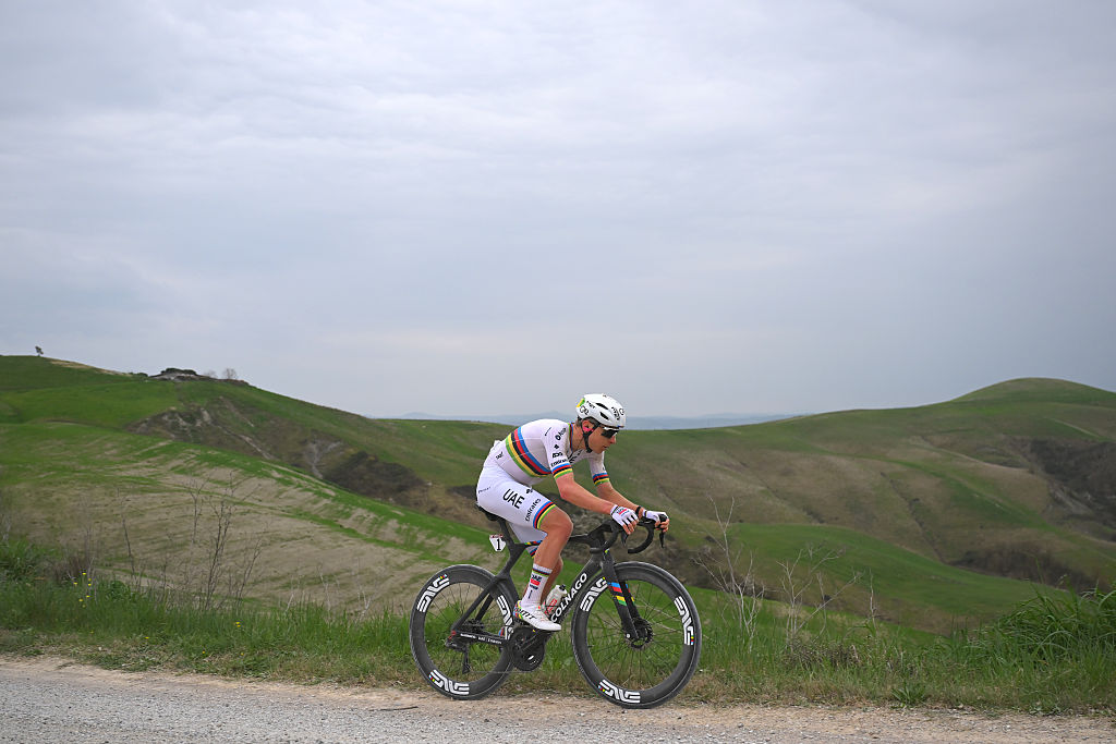 SIENA, ITALY - MARCH 07: Tadej Pogacar of Slovenia and UAE Team Emirates - XRG competes during the 20th Strade Bianche 2026 a 203km one day race from Siena to Siena / #UCIWT / on March 07, 2026 in Siena, Italy. (Photo by Tim de Waele/Getty Images)