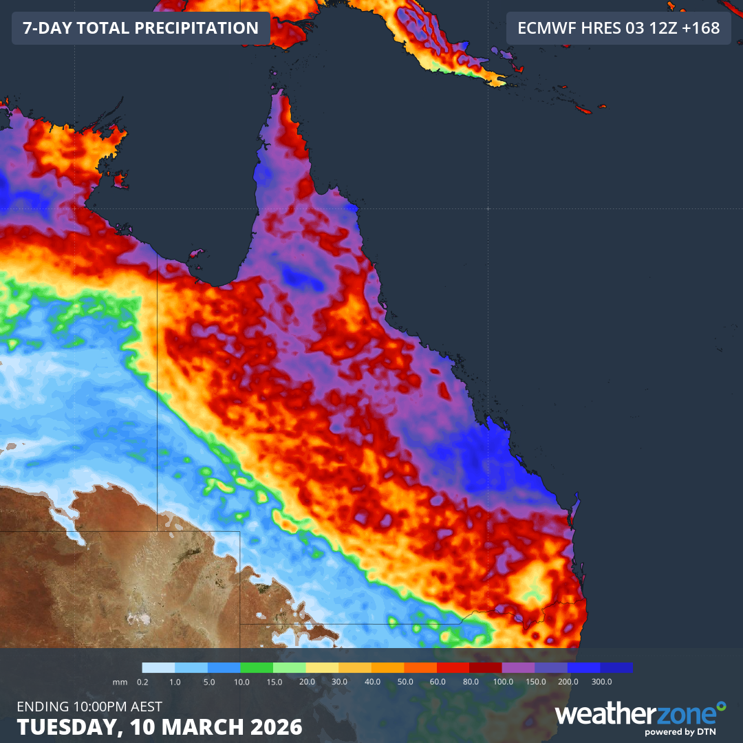 Forecast accumulated rain during the next seven days, according to the ECMWF-HRES model. Source: Weatherzone.