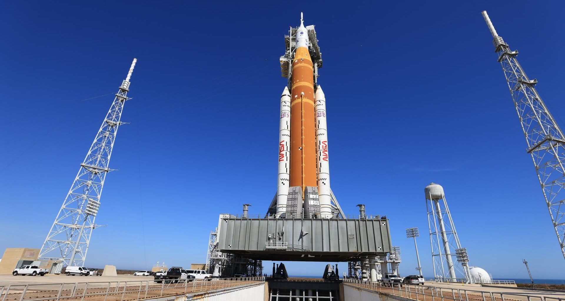 NASA&rsquo;s Artemis II SLS rocket and Orion spacecraft stand vertical on mobile launcher 1 at Launch Complex 39B at NASA&rsquo;s Kennedy Space Center in Florida on Feb. 10, 2026.&nbsp;