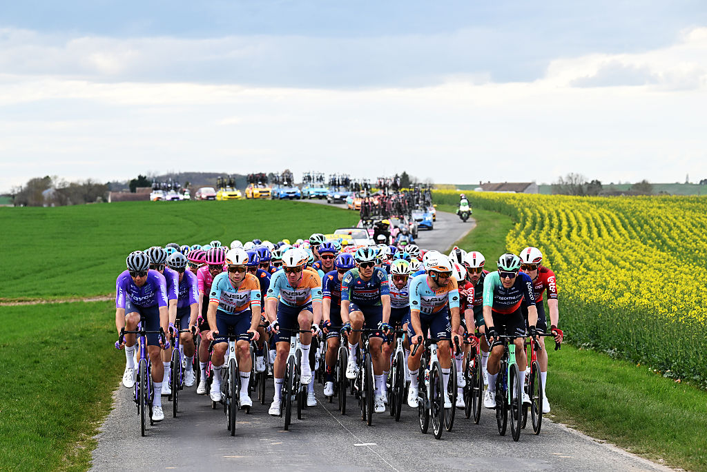 MONTARGIS, FRANCE - MARCH 09: A general view of the peloton competing during the 84th Paris-Nice 2026, Stage 2 a 187km stage from Epone to Montargis / #UCIWT / on March 09, 2026 in Montargis, France. (Photo by Szymon Gruchalski/Getty Images)