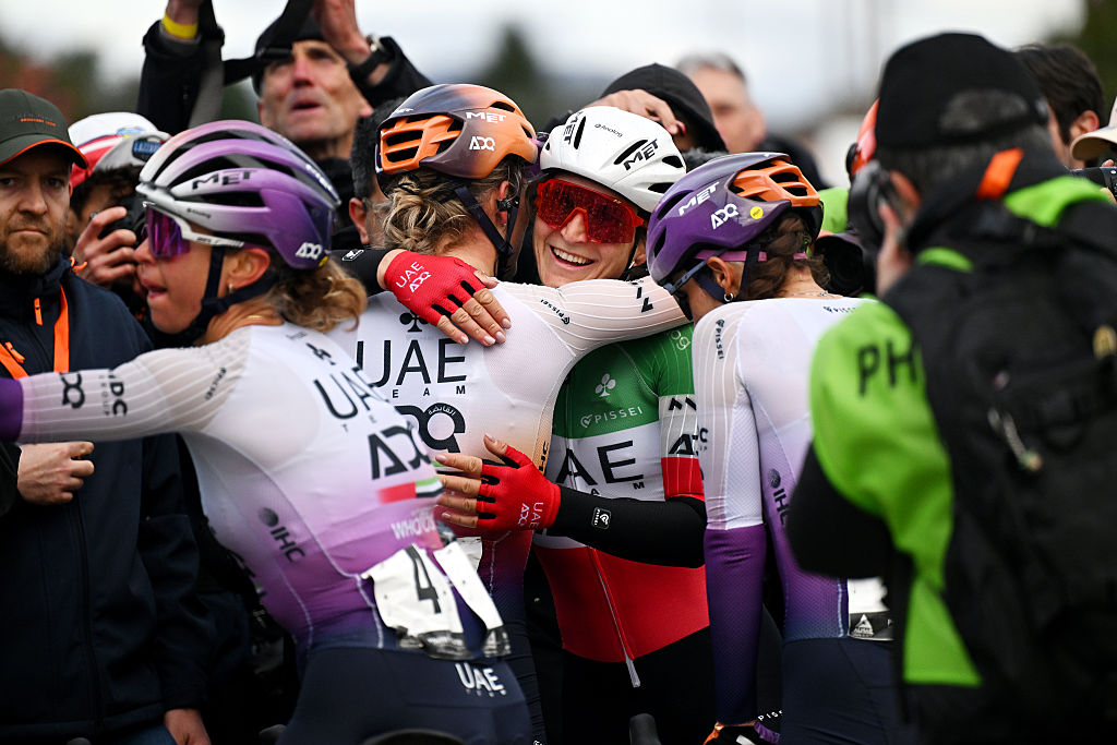 CITTIGLIO, ITALY - MARCH 15: A general view of race Karlijn Swinkels of Netherlands and UAE Team ADQ celebrates the victory with her teammate Elisa Longo Borghini of Italy during the 27th Trofeo Alfredo Binda - Comune di Cittiglio 2026 a 152.7km one dat race from Luino to Cittiglio / #UCIWWT / on March 15, 2026 in Cittiglio, Italy.Luino, Italy. (Photo by Luc Claessen/Getty Images)