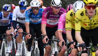 MARTINSICURO, ITALY - MARCH 12: (L-R) Isaac Del Toro of Mexico and UAE Team Emirates - XRG - Blue Leader Jersey and Mathieu van der Poel of Netherlands and Team Alpecin-Premier Tech - Purple Sprint Jersey compete during the 61st Tirreno-Adriatico 2026, Stage 4 a 213km stage from Tagliacozzo to Martinsicuro / #UCIWT / on March 12, 2026 in Martinsicuro, Italy. (Photo by Tim de Waele/Getty Images)