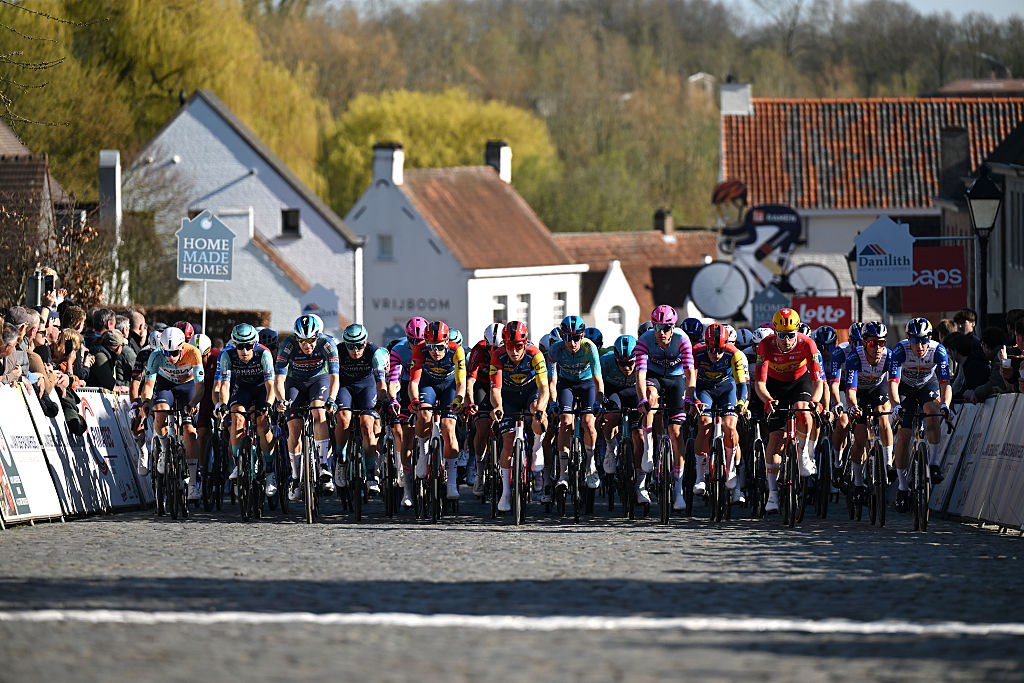 NOKERE, BELGIUM - MARCH 18: A general view of the peloton competing during the 80th Danilith Nokere Koerse 2026, Men&amp;apos;s Elite a 186.4km one day race from Deinze to Nokere / #UCIWT / on March 18, 2026 in Nokere, Belgium. (Photo by Luc Claessen/Getty Images)