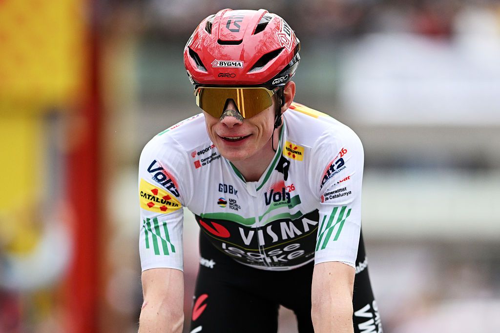 Volta a Catalunya 2026: overall winner Jonas Vingegaard smiles as he crosses the final finish line