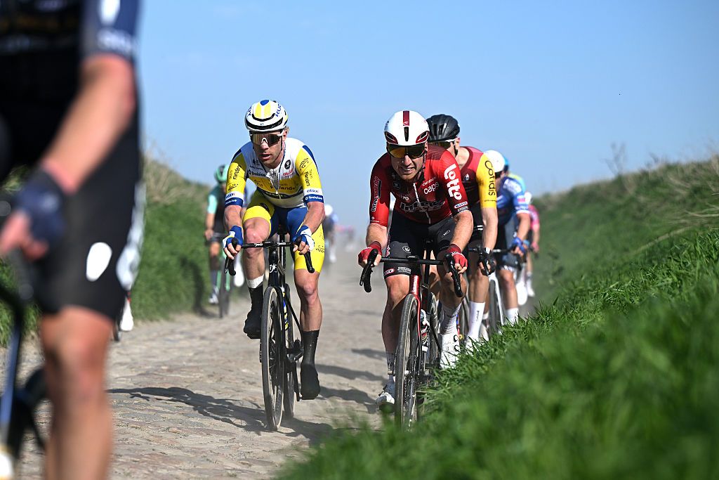 DENAIN, FRANCE - MARCH 19: (L-R) Jules Hesters of Belgium and Team Flanders - Baloise and Milan Menten of Belgium and Team Lotto Intermarch&eacute; compete during the 67th Grand Prix de Denain - Porte du Hainaut 2026 a 200.4km one day race from Denain to Denain on March 19, 2026 in Denain, France. (Photo by Luc Claessen/Getty Images)