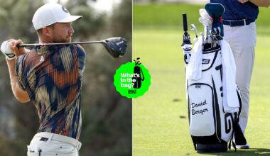 Daniel Berger hits a driver and a close up of his golf bag
