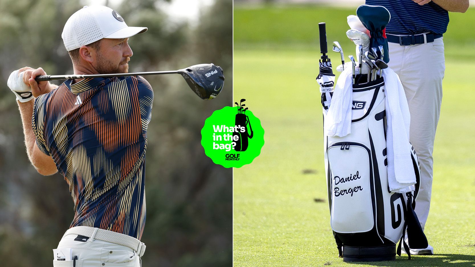 Daniel Berger hits a driver and a close up of his golf bag