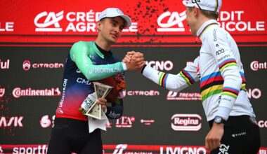 SIENA, ITALY - MARCH 07: (L-R) Paul Seixas of France and Team Decathlon CMA CGM on second place and race winner Tadej Pogacar of Slovenia and UAE Team Emirates - XR pose on the podium ceremony after the 20th Strade Bianche 2026 a 203km one day race from Siena to Siena / #UCIWT / on March 07, 2026 in Siena, Italy. (Photo by Tim de Waele/Getty Images)