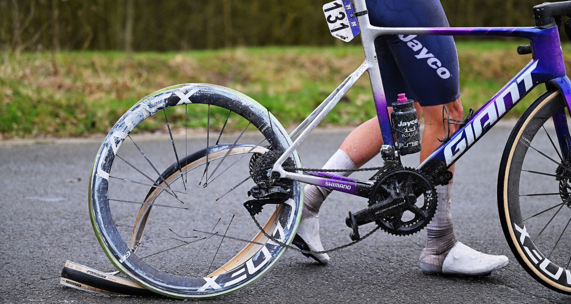 Jayco-AlUla's Amaury Capiot suffers catastrophic hookless rear wheel failure at Omloop Het Nieuwsblad