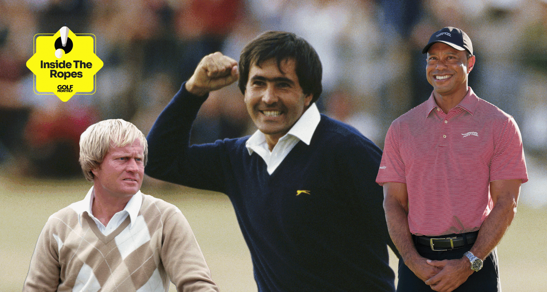 (L to R) Jack Nicklaus, Seve Ballesteros and Tiger Woods with the Inside The Ropes sticker in the top left
