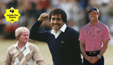 (L to R) Jack Nicklaus, Seve Ballesteros and Tiger Woods with the Inside The Ropes sticker in the top left