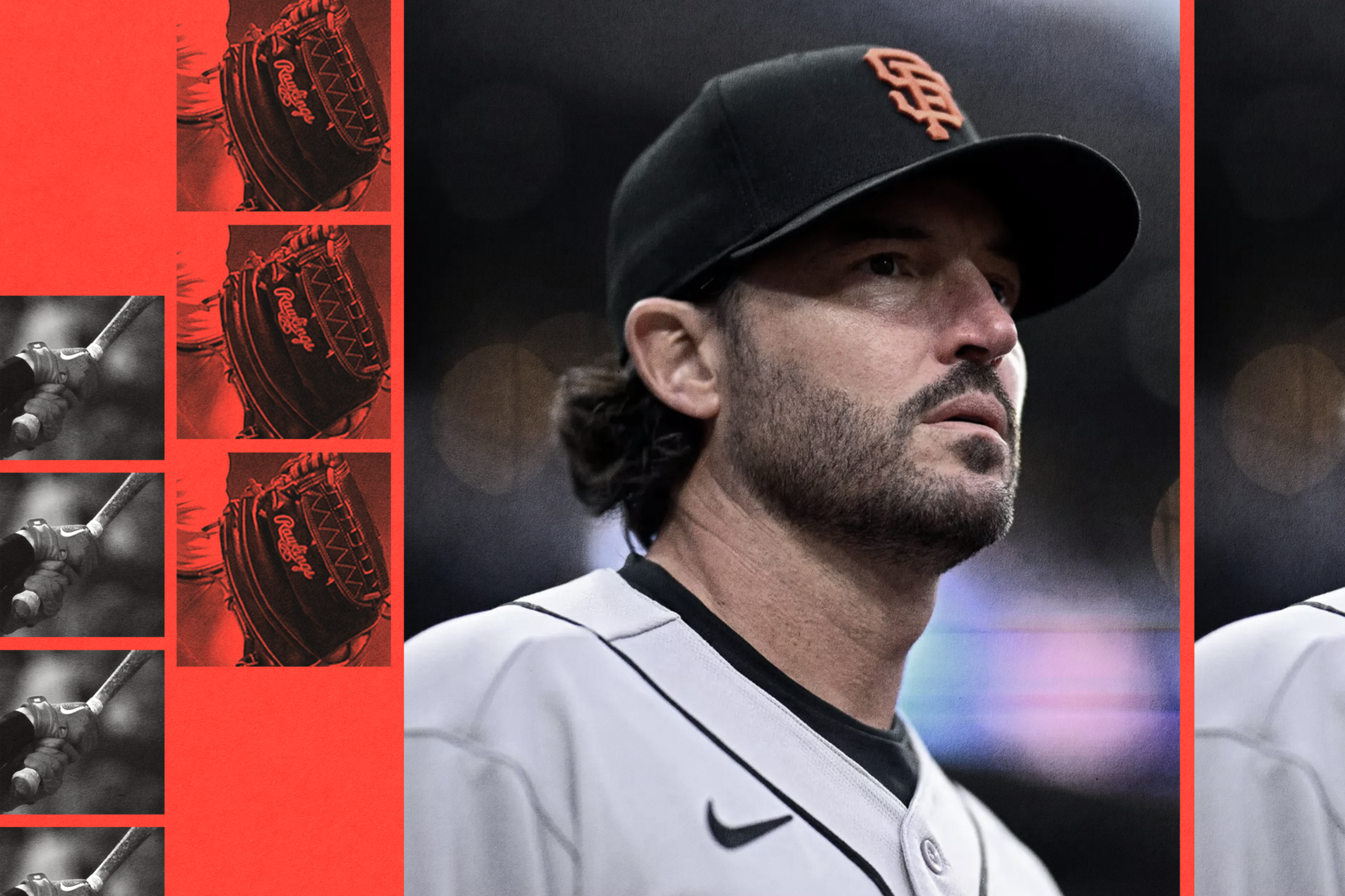 A man wearing a black San Francisco Giants cap and gray baseball jersey looks intently to his right against a dark, blurred background.