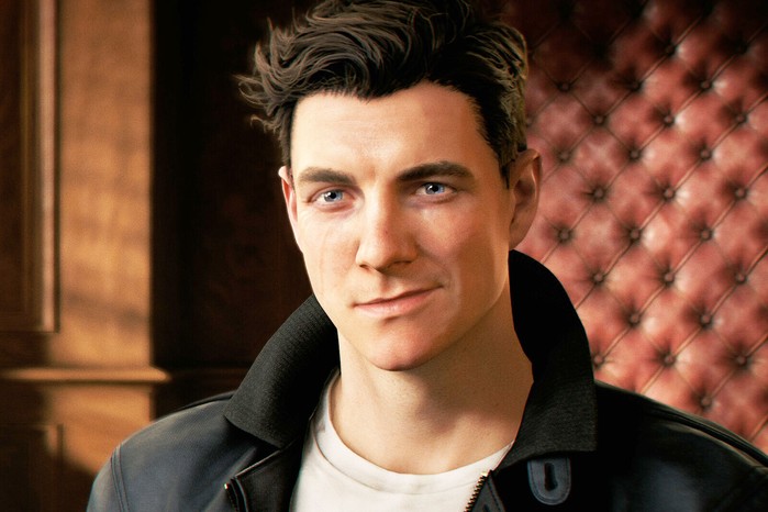 An official promo image for 007 First Light, showing James Bond in a white top and a black jacket, stood against a dark red wall. He has a smirking expression.