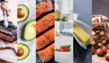 This composite image shows different sources of fat in our diets: someone slicing steak, three half avocados, four strips of salmon ready to cook, someone pouring olive oil on a salad, a stick of butter with its wrapper half off and a jar of nuts.