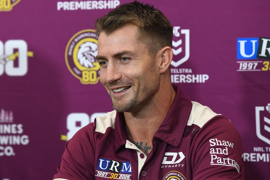 Kieran Foran smiles at a post-match media conference after Manly's NRL win over the Dolphins.