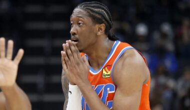 Jan 9, 2026; Memphis, Tennessee, USA; Oklahoma City Thunder guard Jalen Williams (8) reacts during the second quarter against the Memphis Grizzlies at FedExForum. Mandatory Credit: Petre Thomas-Imagn Images