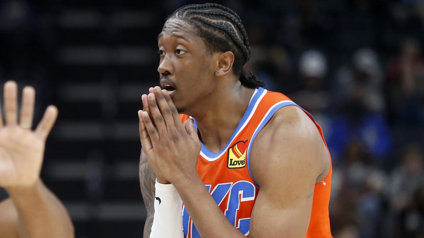 Jan 9, 2026; Memphis, Tennessee, USA; Oklahoma City Thunder guard Jalen Williams (8) reacts during the second quarter against the Memphis Grizzlies at FedExForum. Mandatory Credit: Petre Thomas-Imagn Images