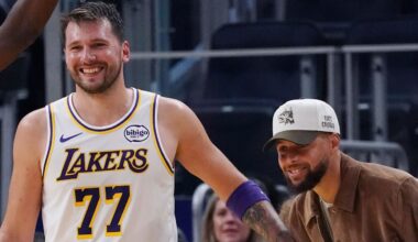 Feb 28, 2026; San Francisco, California, USA;  Injured Golden State Warriors guard Stephen Curry (30) laughs with Los Angeles Lakers forward/guard Luka Doncic (77) in the third period at Chase Center. Mandatory Credit: David Gonzales-Imagn Images