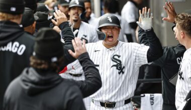 Apr 4, 2026; Chicago, Illinois, USA; Chicago White Sox first baseman Munetaka Murakami (5) celebrates with teammates in the dugout after hitting a two-run home run against the Toronto Blue Jays during the sixth inning at Rate Field. Mandatory Credit: Kamil Krzaczynski-Imagn Images