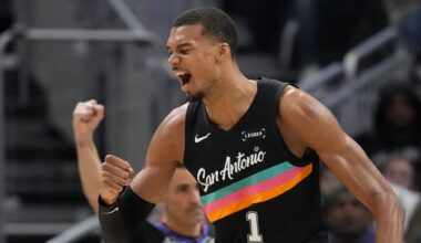Mar 28, 2026; Milwaukee, Wisconsin, USA;  San Antonio Spurs forward Victor Wembanyama (1) celebrates after scoring a basket during the fourth quarter against the Milwaukee Bucks at Fiserv Forum. Mandatory Credit: Jeff Hanisch-Imagn Images