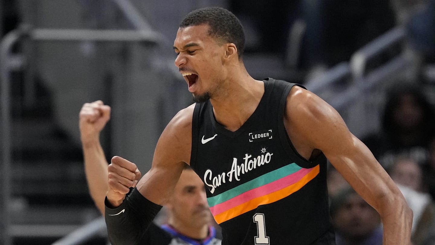 Mar 28, 2026; Milwaukee, Wisconsin, USA;  San Antonio Spurs forward Victor Wembanyama (1) celebrates after scoring a basket during the fourth quarter against the Milwaukee Bucks at Fiserv Forum. Mandatory Credit: Jeff Hanisch-Imagn Images