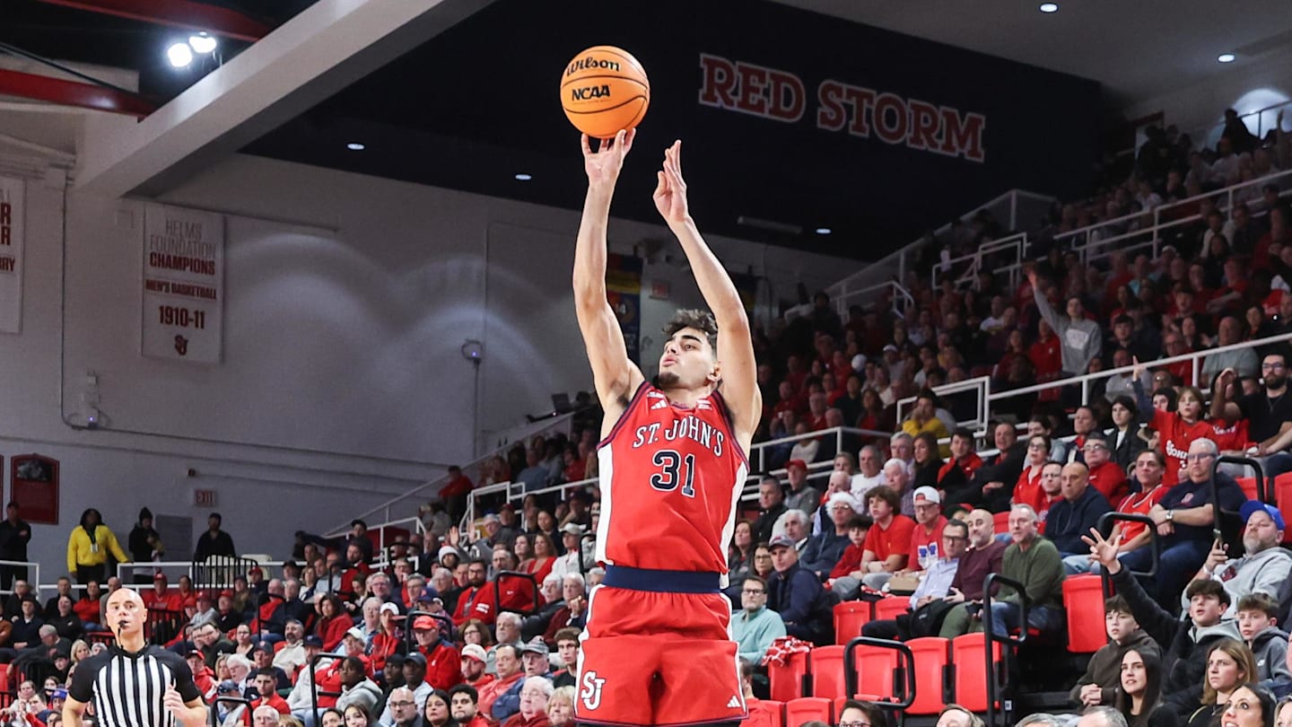 Dec 16, 2025; Queens, New York, USA; St. John's basketball guard Lefteris Liotopoulos (31) takes a three point shot in the second half against the DePaul Blue Demons at Carnesecca Arena.