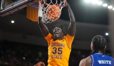 ASU Sun Devils center Massamba Diop (35) dunks the ball against the Kansas Jayhawks at Desert Financial Arena in Tempe on March 3, 2026.