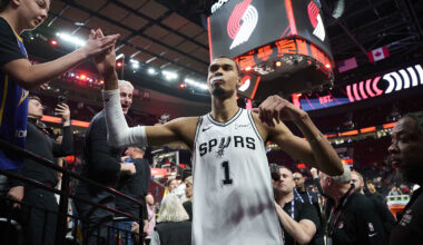 Apr 26, 2026; Portland, Oregon, USA; San Antonio Spurs forward Victor Wembanyama (1) walks off the court after a game against the Portland Trail Blazers during game four of the first round of the 2026 NBA Playoffs at Moda Center. Mandatory Credit: Troy Wayrynen-Imagn Images