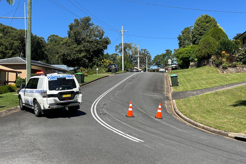 A police car sits on a street with two traffic hats closing the street