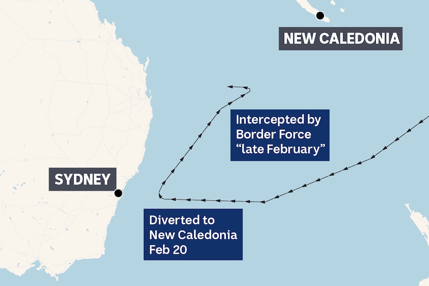 map graphic showing the mv raider diverting course from sydney to New Caledonia in late Feb