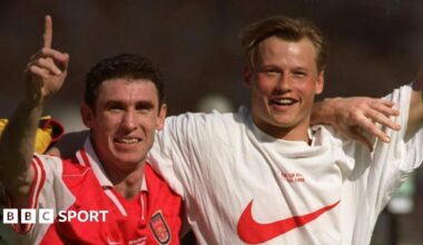 Martin Keown (left) and Alex Manninger celebrate together at Wembley after Arsenal's FA Cup final win over Newcastle in 1998