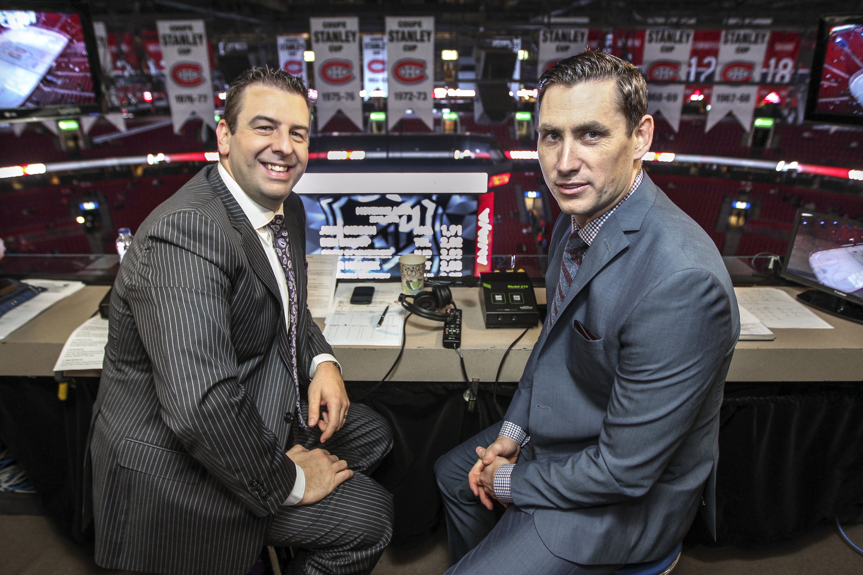Sportsnet analyst Mike Johnson, right, and play-by-play commentator John Bartlett before a Canadiens-Buffalo Sabres game in Montreal on Feb. 3, 2016. 