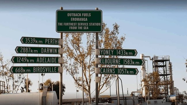 An IOR sign highlights Eromanga’s remote location, marking it as the furthest service station from the sea.