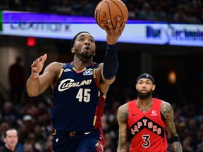 Cleveland Cavaliers guard Donovan Mitchell goes to the basket