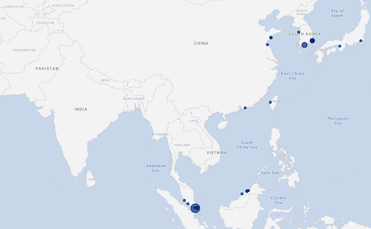 A map shows markers dotted across the Asia region.