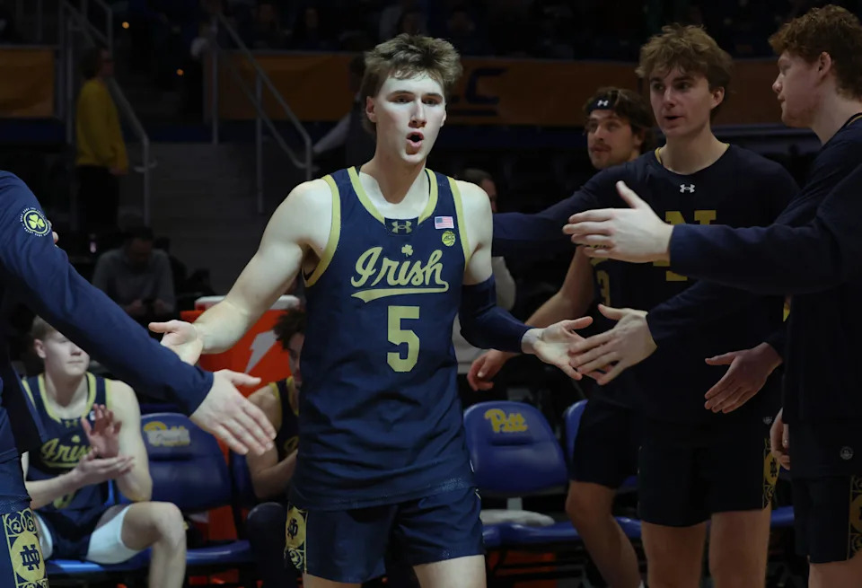 Feb 21, 2026; Pittsburgh, Pennsylvania, USA; Notre Dame Fighting Irish guard Cole Certa (5) during player introductions against the Pittsburgh Panthers at the Petersen Events Center. Mandatory Credit: Charles LeClaire-Imagn Images