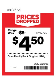 A red and white label saying Prices Dropped for Oreos Family Pack.