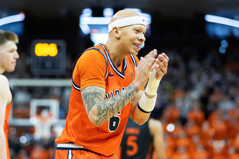 CHARLOTTESVILLE, VIRGINIA - FEBRUARY 21: Jacari White #6 of the Virginia Cavaliers celebrates in the second half during the game against the Miami Hurricanes at John Paul Jones Arena on February 21, 2026 in Charlottesville, Virginia. (Photo by Ryan M. Kelly/Getty Images)