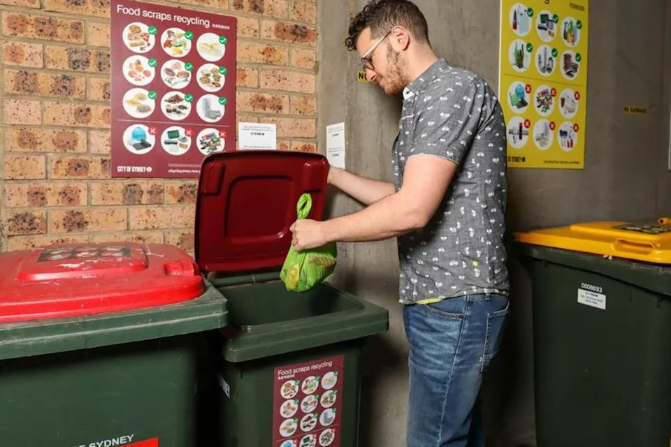 Burgundy food scraps bin. 