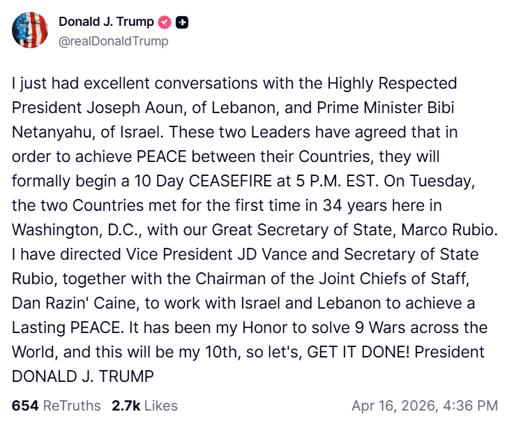 A screencapture of Donald Trump's full Truth Social post announcing the ceasefire.