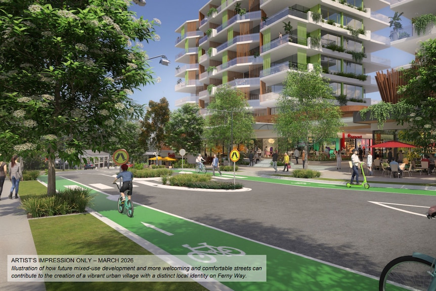 A rendered image of a suburban mixed-use development street